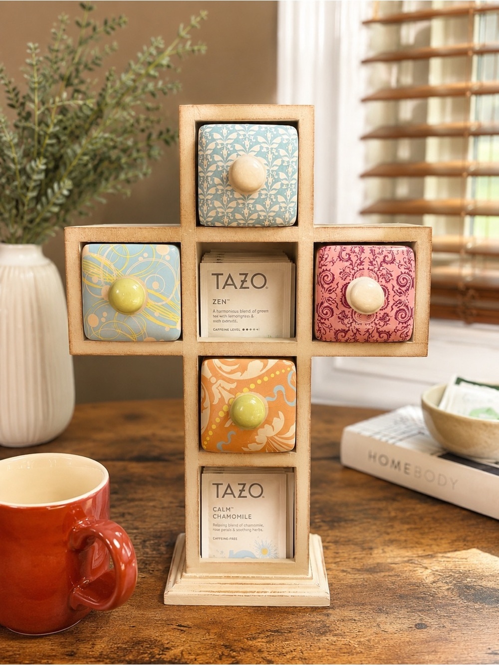 Cross Shaped Tea Bag Organizer • Wood & Ceramic Drawers | Jewelry Organizer